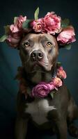 cachorro com flores retrato do touro árabe cachorro com flor coroa. ai generativo foto