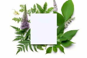 quadro, Armação com folhas. criativo disposição com verde folhas e em branco cartão. ai gerado foto