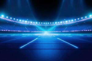 luz trilhas em uma estádio. abstrato azul néon estádio fundo. ai gerado foto