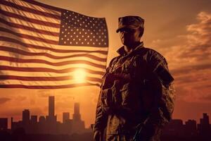 generativo ai ilustração do soldado saudação e EUA bandeira em nascer do sol fundo foto