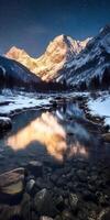 generativo ai ilustração do estrelado noite, profissional panorama fotografia, inverno panorama montanhas foto