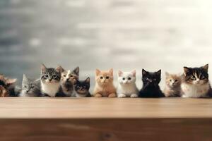 de madeira mesa com muitos gatos. internacional gato dia.generativo ai foto