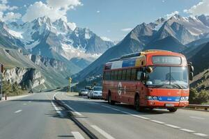 uma estrada viagem vermelho ônibus parado em a estrada foto