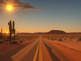 uma estrada dentro a deserto com a Sol configuração foto