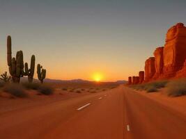 uma estrada dentro a deserto com a Sol configuração foto