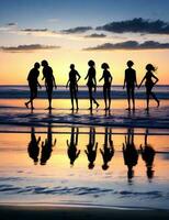 silhuetas do amigos desfrutando de praia Atividades juntos foto