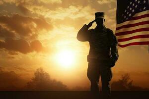 generativo ai ilustração do soldado saudação e EUA bandeira em nascer do sol fundo foto