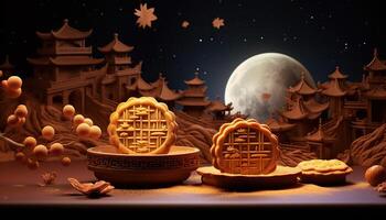 generativo ai ilustração do chinês meio outono festival lua bolos arranjado em uma tradicional chinês porcelana placa, conjunto em uma rústico de madeira mesa foto