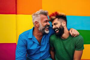 generativo ai ilustração do sorridente casal gay, lgbt conceito, positivo e alegre. arco Iris cor fundo foto