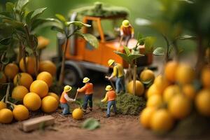 generativo ai ilustração do miniatura pessoas, equipe agricultor trabalhos com conceito agricultura, o negócio conceito foto