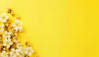 generativo ai ilustração do muitos pequeno lindo amarelo flor flores em amarelo pastel fundo com cópia de espaço foto