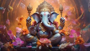 generativo ai ilustração do ganesha hindu Deus, com flores, óleo pintura ocupado acima para dentro paraíso, sentado dentro frente do bokeh mandala fundo foto