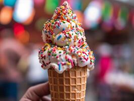 Derretendo gelo creme cone com colorida granulados em quente verão dia, fechar-se tiro com raso profundidade do campo e borrado fundo - ai gerado foto