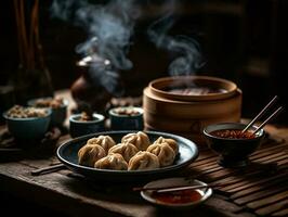 saboreando a sabores do China - uma delicioso prato do dumplings - ai gerado foto