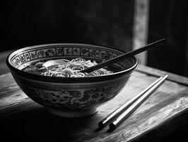 saboreando a momento - uma Preto e branco fotografia do uma meditativo refeição - ai gerado foto