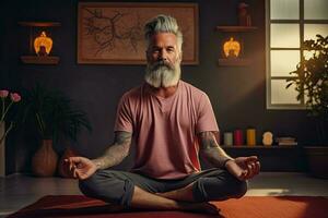 generativo ai ilustração do maduro Senior homem prática guiado meditação manifestação às casa foto