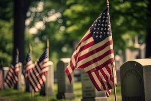 generativo ai ilustração do memorial dia. americano bandeiras em túmulos do americano veteranos em memorial dia foto