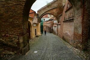 medieval rua com histórico edifícios dentro a coração do roménia. Sibiu a Oriental europeu cidadela cidade. viagem dentro Europa foto