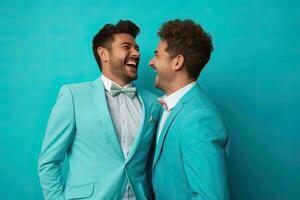 generativo ai ilustração do sorridente casal gay, lgbt conceito, positivo e alegre. foto