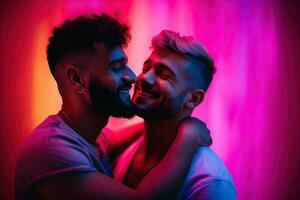 generativo ai ilustração do sorridente casal gay, lgbt conceito, positivo e alegre. néon clube cor fundo foto