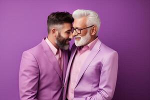 generativo ai ilustração do uma casado, idosos gay masculino casal abraço cada de outros dentro uma mostrar do amor e afeição foto