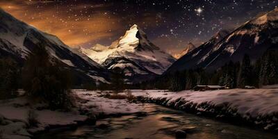 generativo ai ilustração do estrelado noite, profissional panorama fotografia, inverno panorama montanhas foto