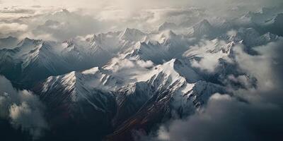 generativo ai ilustração do Visão a partir de céu, neve montanhas do Sombrio idade, chuva, névoa, dramático e deslumbrante paisagem, dramático linear delicadeza foto