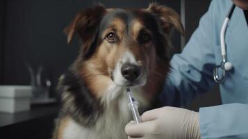 uma cachorro é vacinado com uma médico dentro uma veterinário hospital. , generativo ai foto