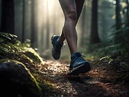 pernas do uma mulher corrida dentro a floresta. corredor dentro natureza. fechar-se visualizar. ai gerado foto
