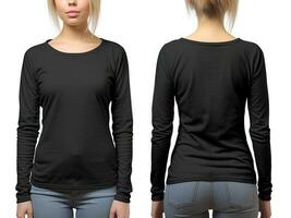 mulher vestindo uma Preto camiseta com grandes mangas. frente e costas visualizar. ai gerado foto