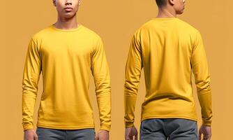 homem vestindo uma amarelo camiseta com grandes mangas. frente e costas visualizar. ai gerado foto