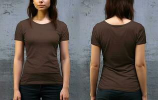 foto realista fêmea Castanho Camisetas com cópia de espaço, frente, e costas visualizar. ai gerado