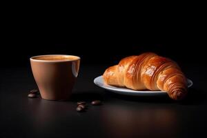 copo do café e croissants isolado em uma Preto fundo. ai gerado foto