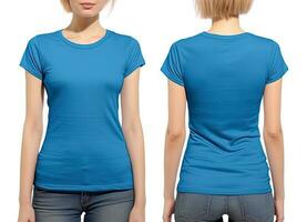 foto realista fêmea azul Camisetas com cópia de espaço, frente, e costas visualizar. ai gerado