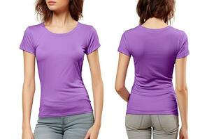 foto realista fêmea roxa Camisetas com cópia de espaço, frente, e costas visualizar. ai gerado