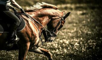 castanha esporte cavalo galopando dentro a campo foto