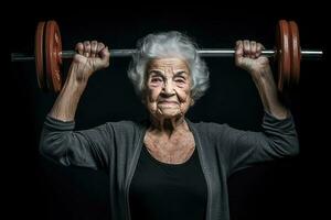 generativo ai ilustração do velho mulher fazendo esporte exercício, estúdio tomada, pastel cor foto