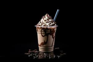 chocolate milkshake dentro plástico Leve embora copo isolado em Preto fundo. ai gerado foto