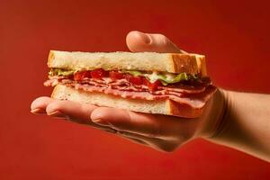 mão segurando saboroso sanduíche em uma vermelho fundo. ai gerado foto