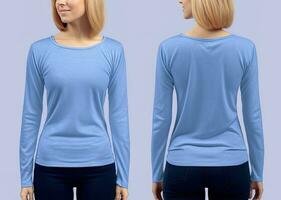 mulher vestindo uma azul camiseta com grandes mangas. frente e costas visualizar. ai gerado foto
