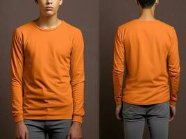 homem vestindo uma laranja camiseta com grandes mangas. frente e costas visualizar. ai gerado foto