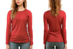 mulher vestindo uma vermelho camiseta com grandes mangas. frente e costas visualizar. ai gerado foto