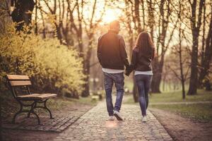 casal segurando mãos caminhando para pôr do sol. amor tema. relação. foto