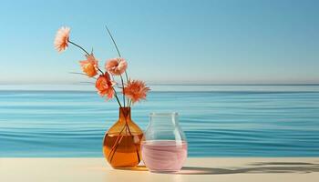 floral elegância - flor vidro vasos com sereno mar Visualizações. generativo ai, foto