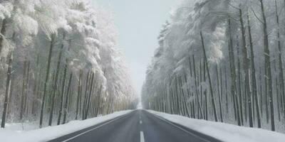 inverno estrada e árvores com neve paisagem, generativo ai foto