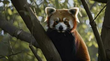 vermelho panda às a árvore, vermelho panda China, generativo ai foto