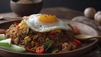 indonésio frito arroz nasi Goreng servido com Pimenta colar sambal e ensolarado lado acima ovo, generativo ai foto