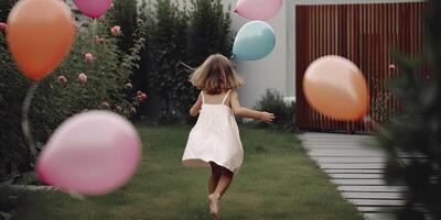 feliz criança jogando com brilhante multicolorido balões ar livre. criança tendo Diversão dentro flor jardim contra crepúsculo céu fundo. período de férias e viagem conceito, generativo ai foto