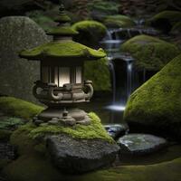 japonês zen jardim, a imagem inclui uma cascata fluindo dentro a fundo com musgo coberto lanterna em pé dentro a primeiro plano, generativo ai foto