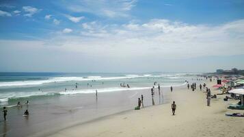 kuta de praia , Indonésia , uma ampla multidão do turistas apreciar verão em kuta de praia dentro Bali, Maravilhoso Indonésia, generativo ai foto